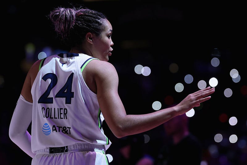 Napheesa Collier #24 of the Minnesota Lynx reacts during the second half of Game Three of the 2025 WNBA Playoffs semifinals against the Phoenix Mercury at PHX Arena on September 26, 2025 in Phoenix, Arizona. 