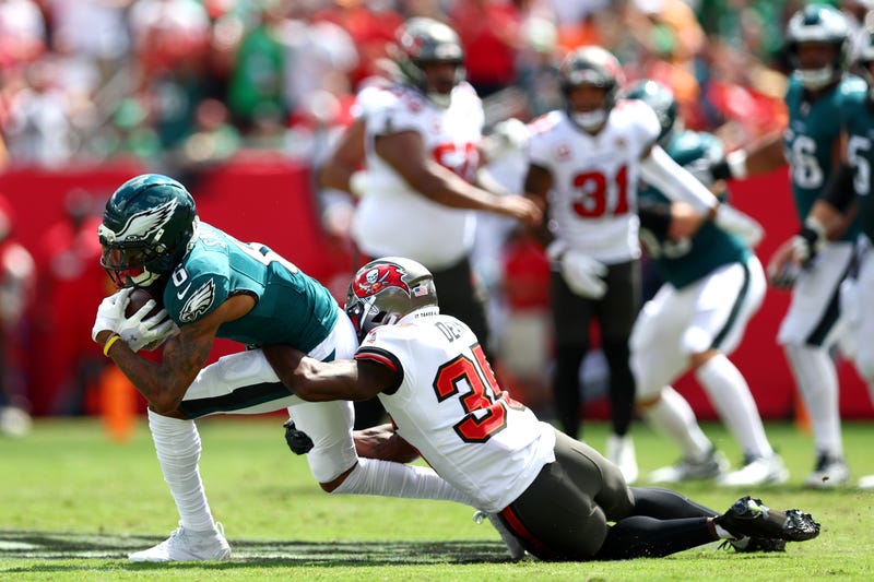  DeVonta Smith #6 of the Philadelphia Eagles is tackled by Jamel Dean #35 of the Tampa Bay Buccaneers 