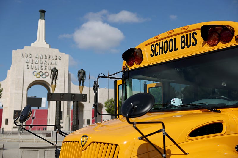 A general view of a Highland Electric Bus during a press conference announcing a partnership between Highland Electric Fleets and LA28 at Los Angeles Memorial Coliseum on September 29, 2025 in Los Angeles, California.