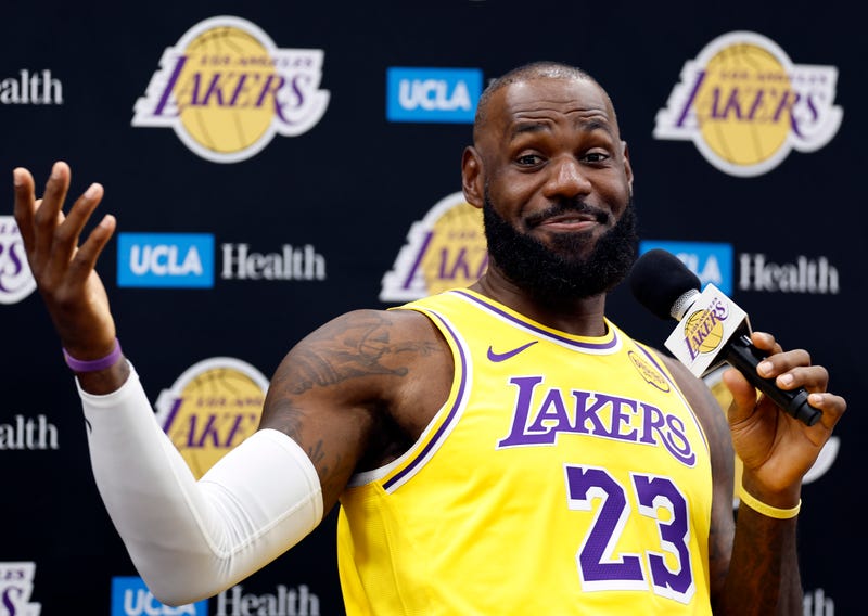 LeBron James #23 of the Los Angeles Lakers speaks with the media during Los Angeles Lakers Media Day at UCLA Health Training Center on September 29, 2025 in El Segundo, California.