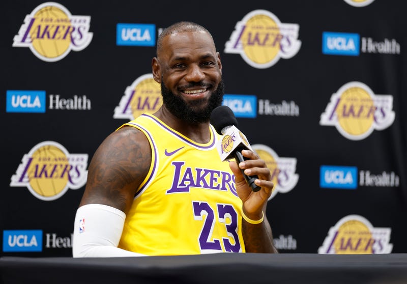 LeBron James #23 of the Los Angeles Lakers speaks with the media during Los Angeles Lakers Media Day at UCLA Health Training Center on September 29, 2025 in El Segundo, California.