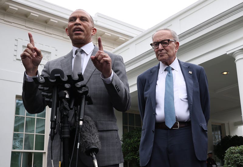 WASHINGTON, DC - SEPTEMBER 29: U.S. House Minority Leader Hakeem Jeffries (D-NY) (L) and Senate Minority Leader Charles Schumer (D-NY) deliver remarks following a meeting with U.S. President Donald Trump at the White House on September 29, 2025 in Washington, DC. The Democratic leaders met with President Trump to negotiate funding legislation to avoid a government shutdown. (Photo by Win McNamee/Getty Images)