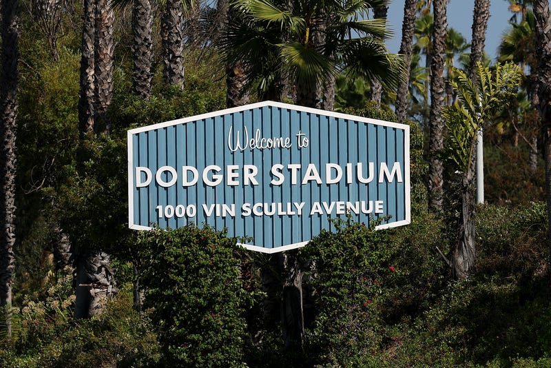 A general view of Dodger Stadium signage near Sunset Gate A before game one of the National League Wild Card Series between the Los Angeles Dodgers and the Cincinnati Reds at Dodger Stadium on September 30, 2025 in Los Angeles, California. 