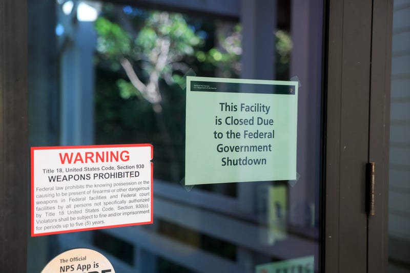 Government building with shutdown notification signs