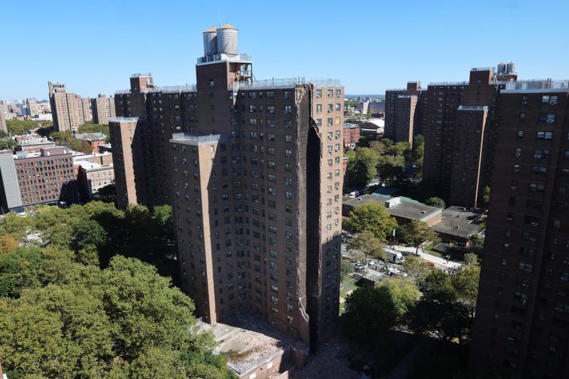 Part of a shaft of a building sits sheared off after a reported explosion in the Bronx on October 1, 2025
