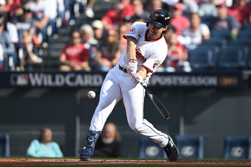 Chase DeLauter #34 of the Cleveland Guardians hits a single for his first career MLB hit during the second inning against the Detroit Tigers in game three of the American League Wild Card Series at Progressive Field on October 02, 2025 in Cleveland, Ohio