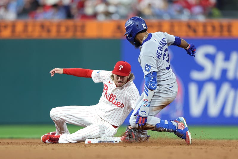  Teoscar Hernandez #37 of the Los Angeles Dodgers is tagged out at second base by Bryson Stott #5 of the Philadelphia Phillies during the eighth inning in game two of the National League Division Series 