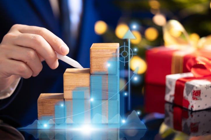 Festive business banner showing staircase cubes and growth hologram, symbolizing strategic business progress and success in the new year