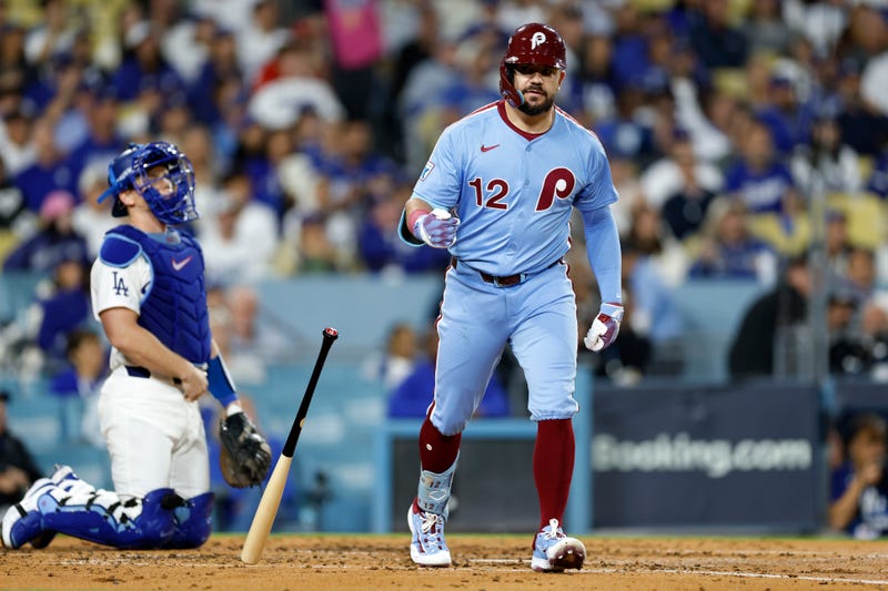 Phillies left fielder Kyle Schwarber reacts after hitting a solo home run against the Los Angeles Dodgers during the fourth inning in game three of the National League Division Series at Dodger Stadium on Oct. 8 in Los Angeles, California.