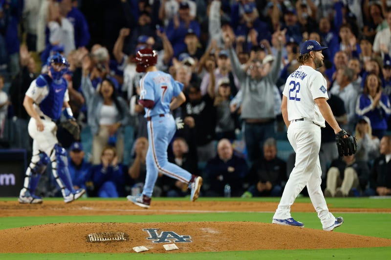 Clayton Kershaw #22 of the Los Angeles Dodgers walks off the mound against the Philadelphia Phillies during the seventh inning in game three of the National League Division Series at Dodger Stadium on October 08, 2025 in Los Angeles, California.