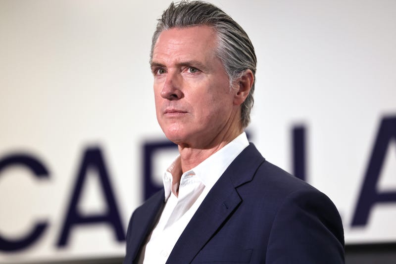 California Governor Gavin Newsom looks on before he speaks at Belvedere Middle School before signing legislation aimed at improving kids' nutrition and health across California on October 8, 2025 in Los Angeles, California.