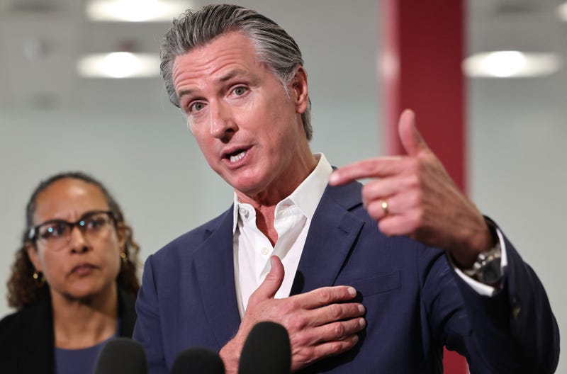 California Governor Gavin Newsom speaks to the media at Belvedere Middle School after signing legislation aimed at improving kids' nutrition and health across California on October 8, 2025 in Los Angeles, California.