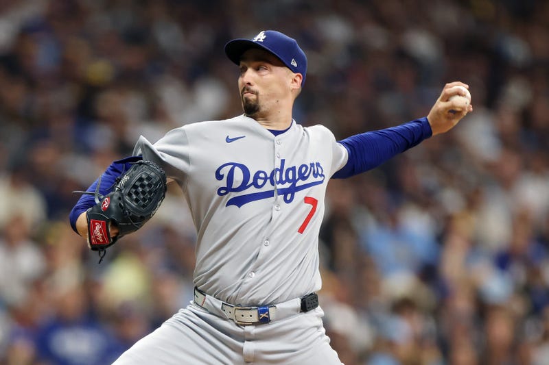 Blake Snell #7 of the Los Angeles Dodgers pitches during the first inning against the Milwaukee Brewers in game one of the National League Championship Series at American Family Field on October 13, 2025 in Milwaukee, Wisconsin.
