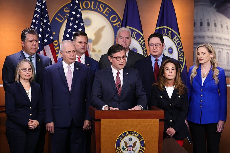 Speaker of the House Mike Johnson (R-LA) (C) delivers remarks at a news conference on the government shutdown at the U.S. Capitol on October 15, 2025 in Washington, DC.