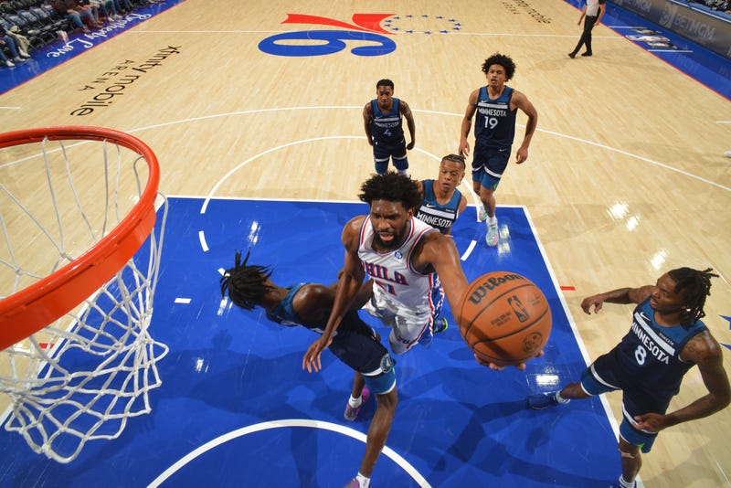 Joel Embiid #21 of the Philadelphia 76ers drives to the basket during the game against the Minnesota Timberwolves during a NBA preseason game on October 17, 2025 at the Wells Fargo Center in Philadelphia,