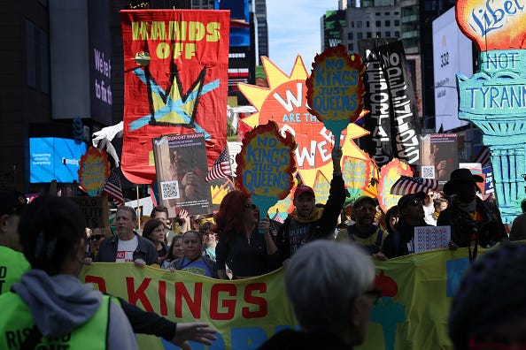 Thousands of people participate in a "No Kings" protest in Manhattan on October 18, 2025, in New York City. Organizers expect millions to participate in cities and towns across the nation for the second "No Kings" protest to denounce the Trump administration. (Photo by Spencer Platt/Getty Images)