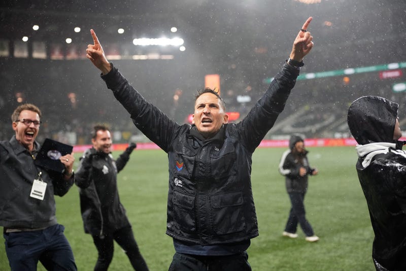 Mikey Varas, head coach of San Diego FC, celebrates after a win against the Portland Timbers at Providence Park on October 18, 2025 in Portland, Oregon