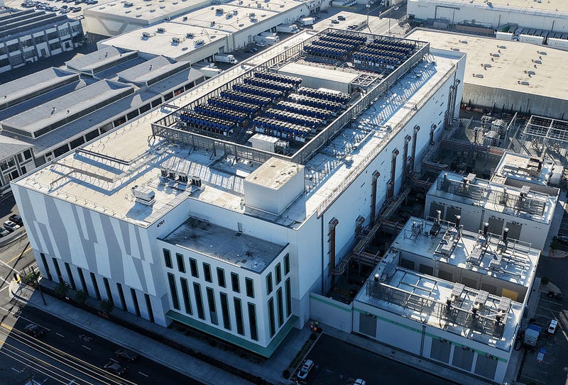 An aerial view of a 33 megawatt data center with closed-loop cooling system on October 20, 2025 in Vernon, California. A surge in demand for AI infrastructure is fueling a boom in data centers across the country and around the globe. 