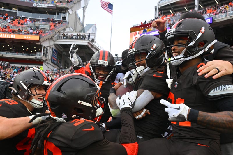 CLEVELAND, OHIO - OCTOBER 19: The Cleveland Browns defense celebrate after an interception in the game against the Miami Dolphins at Huntington Bank Field on October 19, 2025 in Cleveland, Ohio. (Photo by Jason Miller/Getty Images)