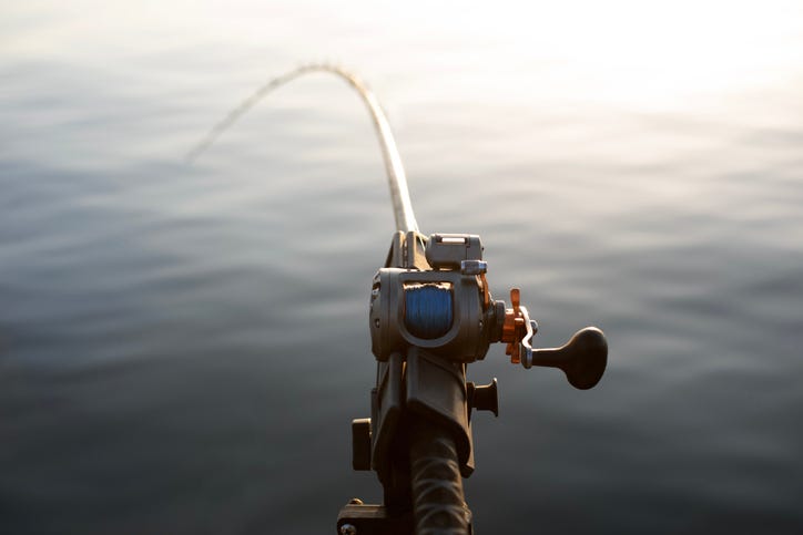 A close-up photo of a fishing rod and reel during a summer fishing trip. The background shows calm, out-of-focus water.