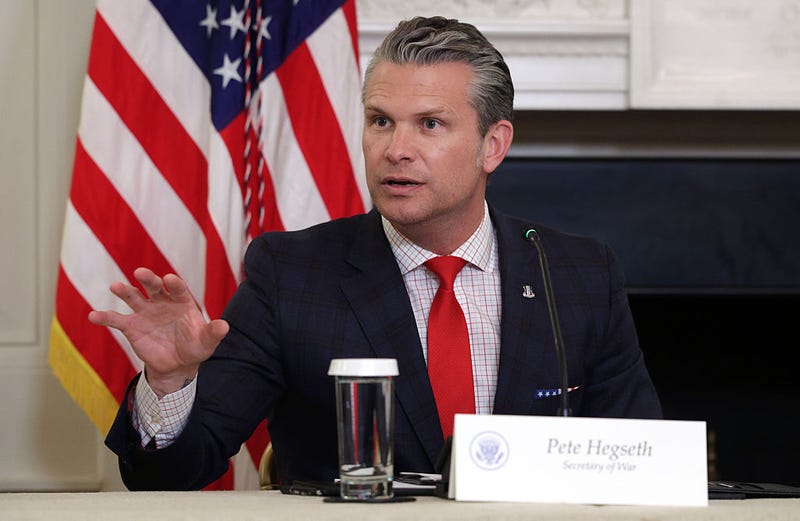 Defense Secretary Pete Hegseth delivers remarks as U.S. President Donald Trump delivers an announcement on his Homeland Security Task Force in the State Dining Room of the White House on October 23, 2025 in Washington, DC.