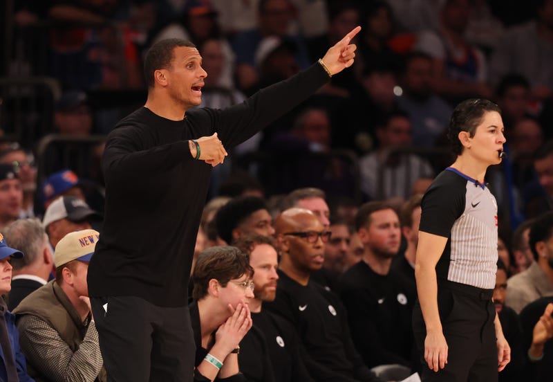 Joe Mazzulla, head coach of the Boston Celtics, reacts while playing against the New York Knicks during the second quarter at Madison Square Garden on October 24, 2025 in New York City.