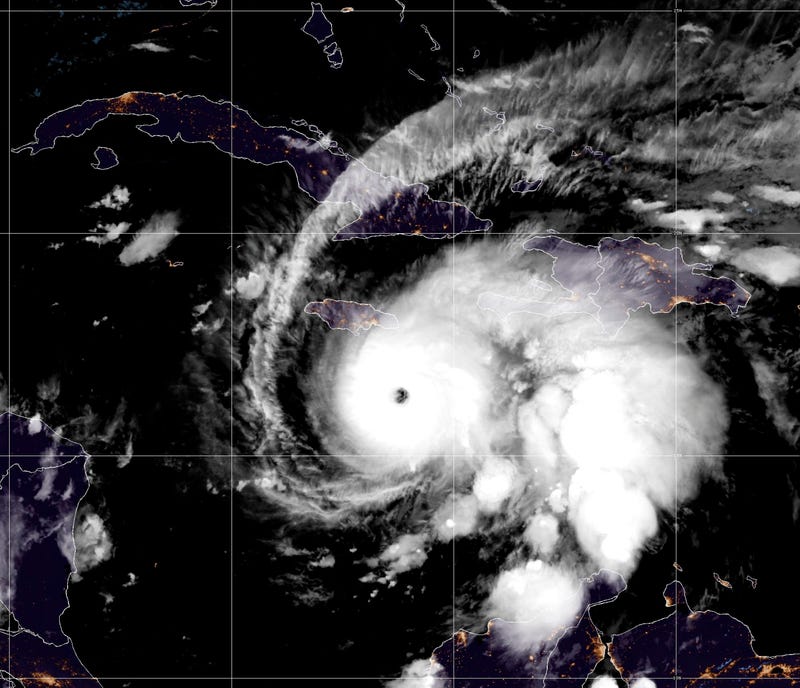 IN SPACE, CARIBBEAN SEA - OCTOBER 26: (EDITOR'S NOTE: This Handout image was provided by a third-party organization and may not adhere to Getty Images' editorial policy.) In this handout satellite image provided by the National Oceanic and Atmospheric Administration (NOAA) , Hurricane Melissa strengthens into a Category 4 storm as it churns northwest through the Caribbean Sea captured at 7:40Z on October 26, 2025. Hurricane Melissa has intensified into a Category 4 hurricane and could further develop into a Category 5 as it approaches Jamaica, according to the National Hurricane Center. (Photo by NOAA via Getty Images)