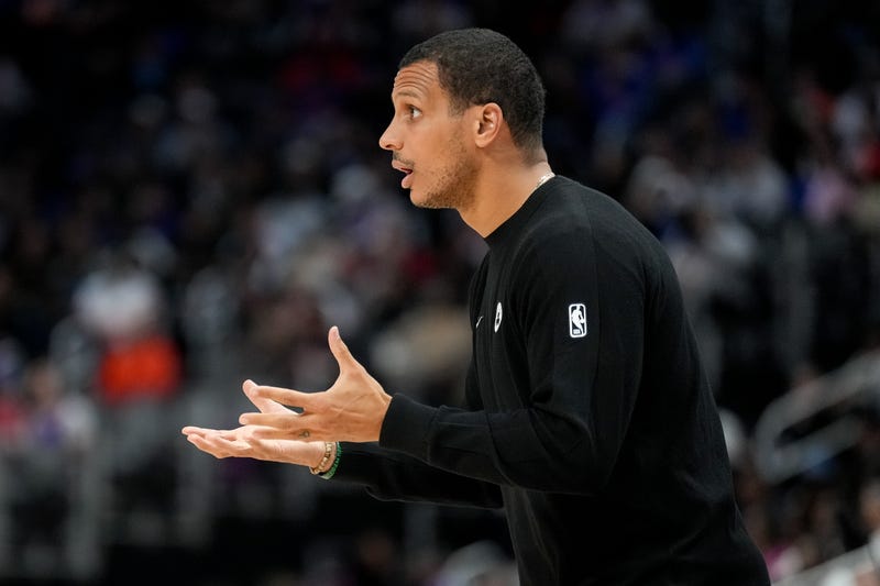 : Joe Mazzulla head coach of the Boston Celtics reacts against the Detroit Pistons during the fourth quarter at Little Caesars Arena on October 26, 2025 in Detroit, Michigan.