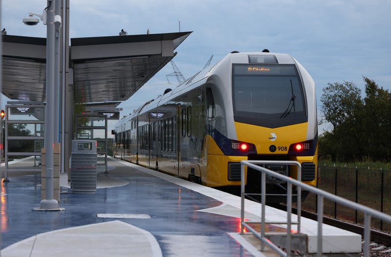 DALLAS, TEXAS - OCTOBER 24: A general view of a train at the Cypress Waters Station during the DART Silver Line Opening Ceremony on October 24, 2025 in Dallas, Texas. (Photo by Rick Kern/Getty Images for Dallas Area Rapid Transit)
