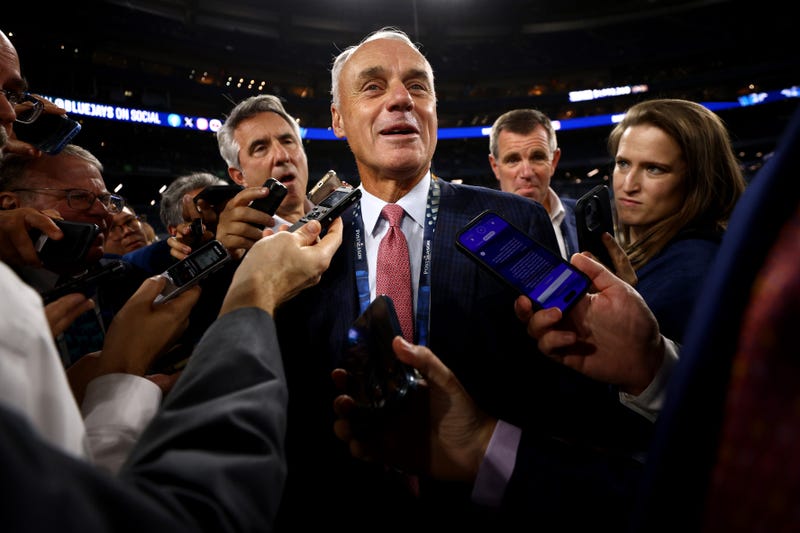 TORONTO, ONTARIO - OCTOBER 25: Rob Manfred, commissioner of Major League Baseball, talks to the media before game two of the 2025 World Series between the Toronto Blue Jays and the Los Angeles Dodgers at Rogers Center on October 25, 2025 in Toronto, Ontario. 