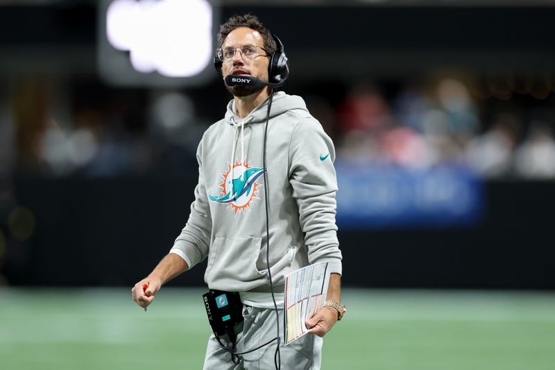 Mike McDaniel of the Miami Dolphins looks on during the second quarter in the game against the Atlanta Falcons at Mercedes-Benz Stadium on October 26, 2025 in Atlanta, Georgia.