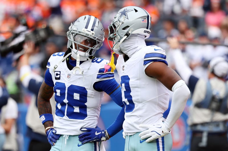 DENVER, COLORADO - OCTOBER 26: CeeDee Lamb #88 and George Pickens #3 of the Dallas Cowboys talk before a game against the Denver Broncos at Empower Field At Mile High on October 26, 2025 in Denver, Colorado. (Photo by Dustin Bradford/Getty Images)