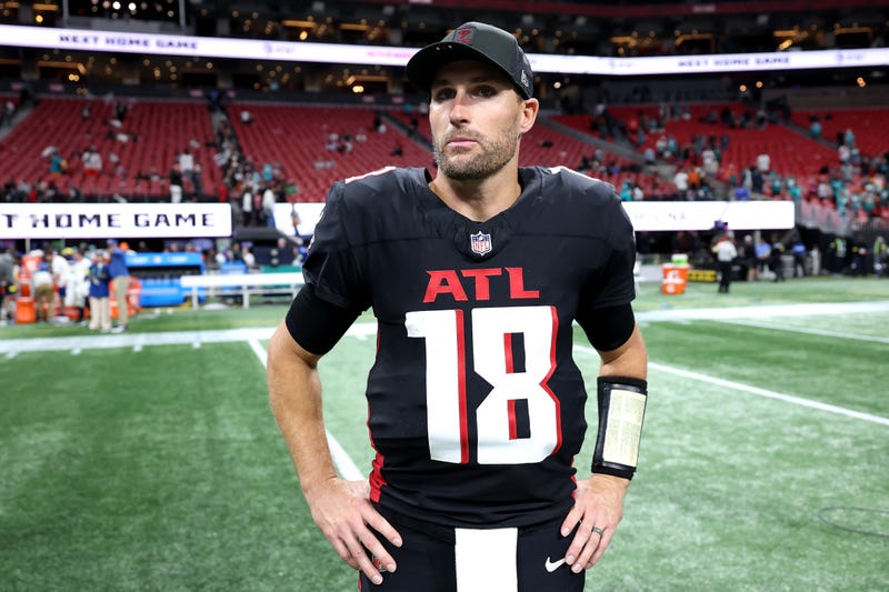 Kirk Cousins #18 of the Atlanta Falcons looks on after his team's 34-10 loss against the Miami Dolphins in the game at Mercedes-Benz Stadium on October 26, 2025