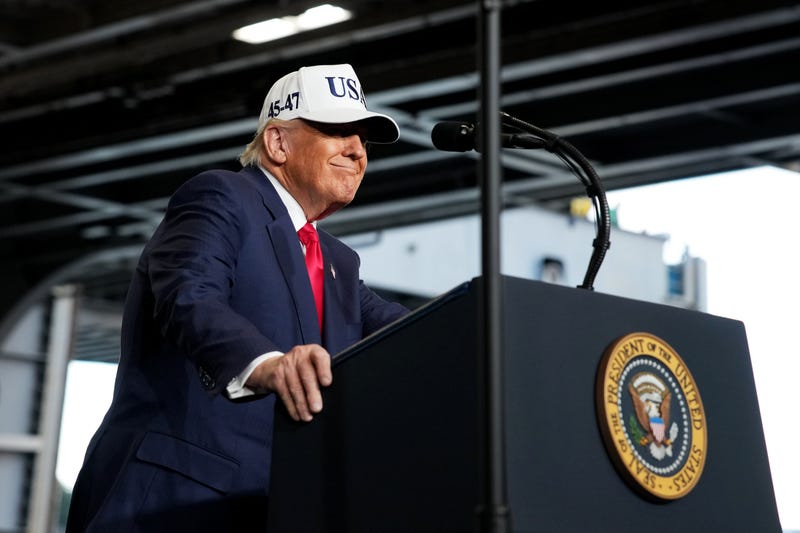 President Donald Trump speaks to troops aboard USS George Washington at Fleet Activities Yokosuka on October 28, 2025 in Yokosuka, Japan