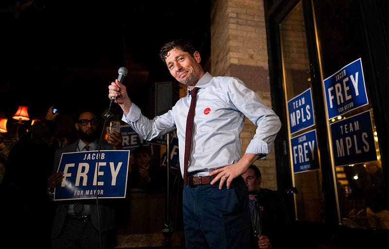 Minneapolis Mayor Jacob Frey speaks at an Election Night party on November 4, 2025 in Minneapolis, Minnesota. Frey, the incumbent, was reelected to his third term. 
