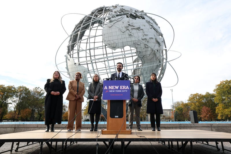 New York City mayor-elect Zohran Mamdani, alongside his mayoral transition team, speaks during a news conference at Flushing Meadows Corona Park in Queens on Nov. 5, 2025