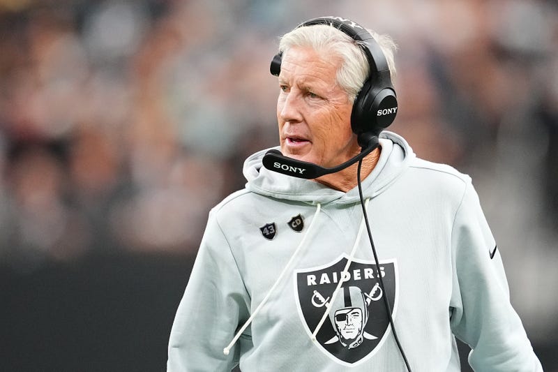 Head coach Pete Carroll of the Las Vegas Raiders looks on during the second quarter in the game against the Jacksonville Jaguars at Allegiant Stadium on November 02, 2025 in Las Vegas, Nevada. 