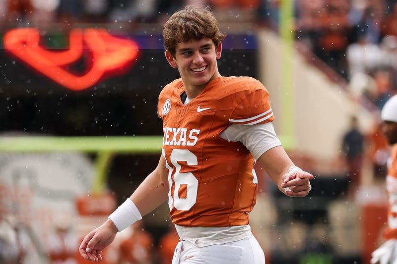 Arch Manning #16 of the Texas Longhorns reacts during the fourth quarter of the game against the Vanderbilt Commodores at Darrell K Royal-Texas Memorial Stadium on Nov.1, 2025 in Austin, Texas.