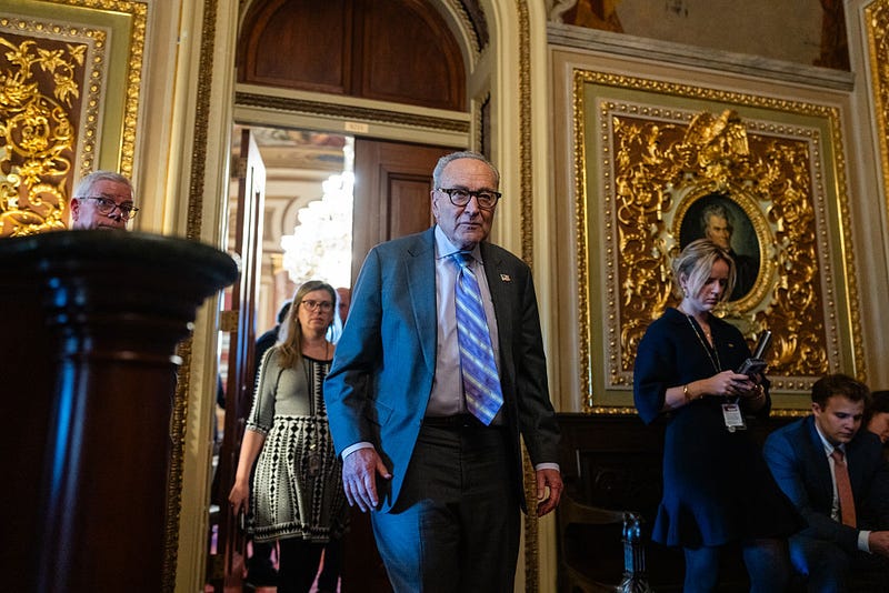 Senate Minority Leader Chuck Schumer (D-NY) departs a Democratic luncheon at the U.S. Capitol on November 6, 2025 in Washington, DC.