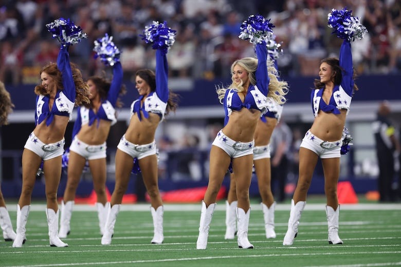 Dallas Cowboys cheerleaders are seen during the first quarter in the game at AT&T Stadium on November 03, 2025 in Arlington, Texas.