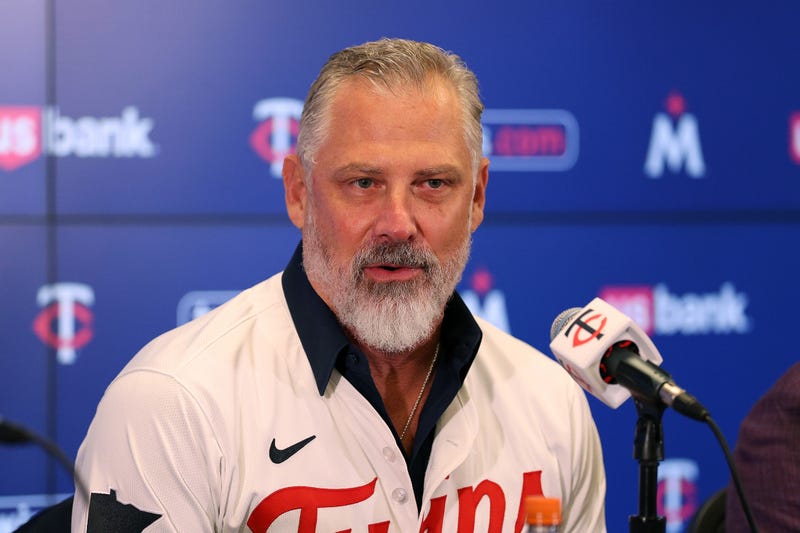 Manager Derek Shelton #8 of the Minnesota Twins addresses media during a press conference to introduce Shelton as manager at Target Field on November 04, 2025 in Minneapolis, Minnesota. 