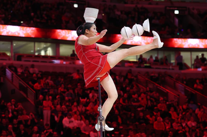 Acrobat Red Panda performs at halftime between the Chicago Bulls and the Philadelphia 76ers at the United Center on November 04, 2025 in Chicago, Illinois. 