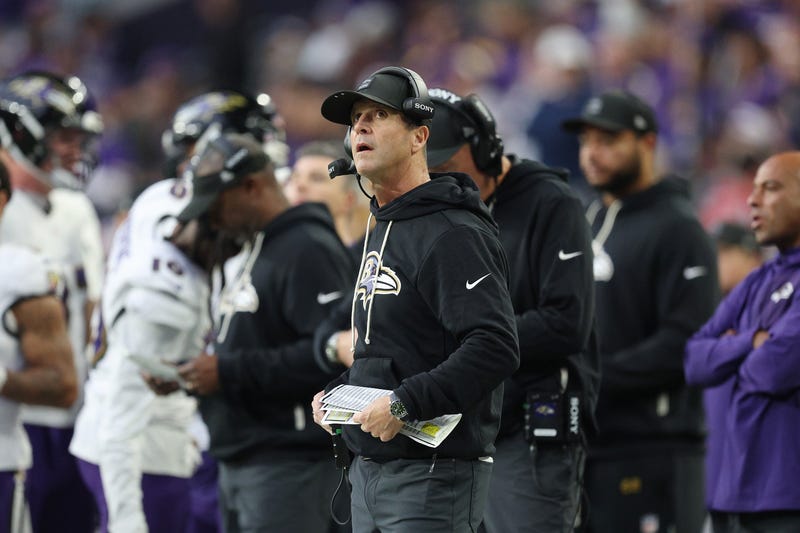 Head coach John Harbaugh of the Baltimore Ravens looks on during the fourth quarter in the game against the Minnesota Vikings at U.S. Bank Stadium on November 09, 2025 in Minneapolis, Minnesota.