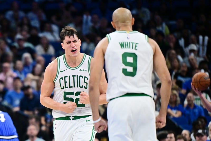 Luka Garza #52 of the Boston Celtics reacts in the second half against the Orlando Magic at Kia Center on November 09, 2025 in Orlando, Florida.