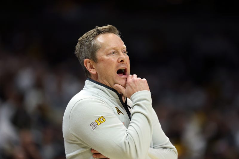 Niko Medved of the Minnesota Golden Gophers watches from the bench during the game between the Minnesota Golden Gophers and the Missouri Tigers at Mizzou Arena on November 12, 2025 in Columbia, Missouri. 