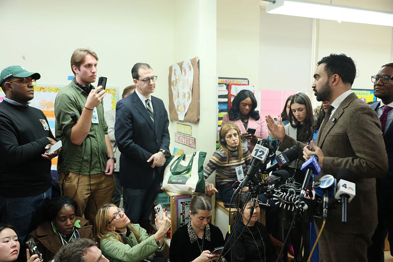 New York City Mayor-elect Zohran Mamdani speaks with members of the press after interacting with Pre-K students at Friends of Crown Heights Education Center on November 13, 2025 in the Flatbush neighborhood of the Brooklyn borough in New York City.