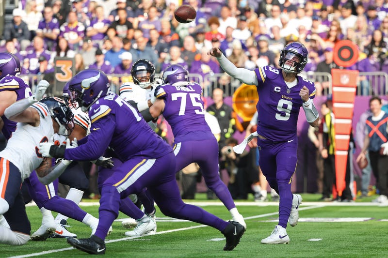 J.J. McCarthy #9 of the Minnesota Vikings throws a pass against the Chicago Bears during the first quarter at U.S. Bank Stadium on November 16, 2025 in Minneapolis, Minnesota. 