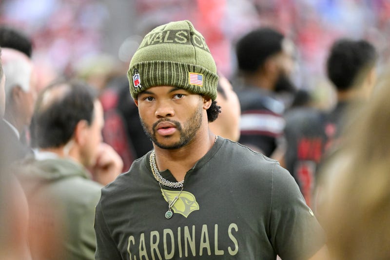 GLENDALE, ARIZONA - NOVEMBER 16: Kyler Murray #1 of the Arizona Cardinals looks on during the second quarter against the San Francisco 49ers at State Farm Stadium on November 16, 2025 in Glendale, Arizona.
