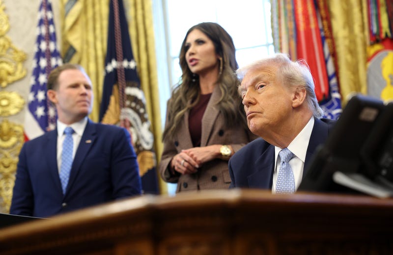 WASHINGTON, DC - NOVEMBER 17: U.S. President Donald Trump, Homeland Security Secretary Kristi Noem, and Andrew Giuliani (R) participate in a meeting at the White House.