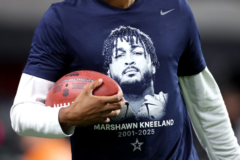 LAS VEGAS, NEVADA - NOVEMBER 17: A detailed view of a Dallas Cowboys warmup shirt honoring Marshawn Kneeland before the game against the Las Vegas Raiders at Allegiant Stadium on November 17, 2025 in Las Vegas, Nevada. (Photo by Christian Petersen/Getty Images)